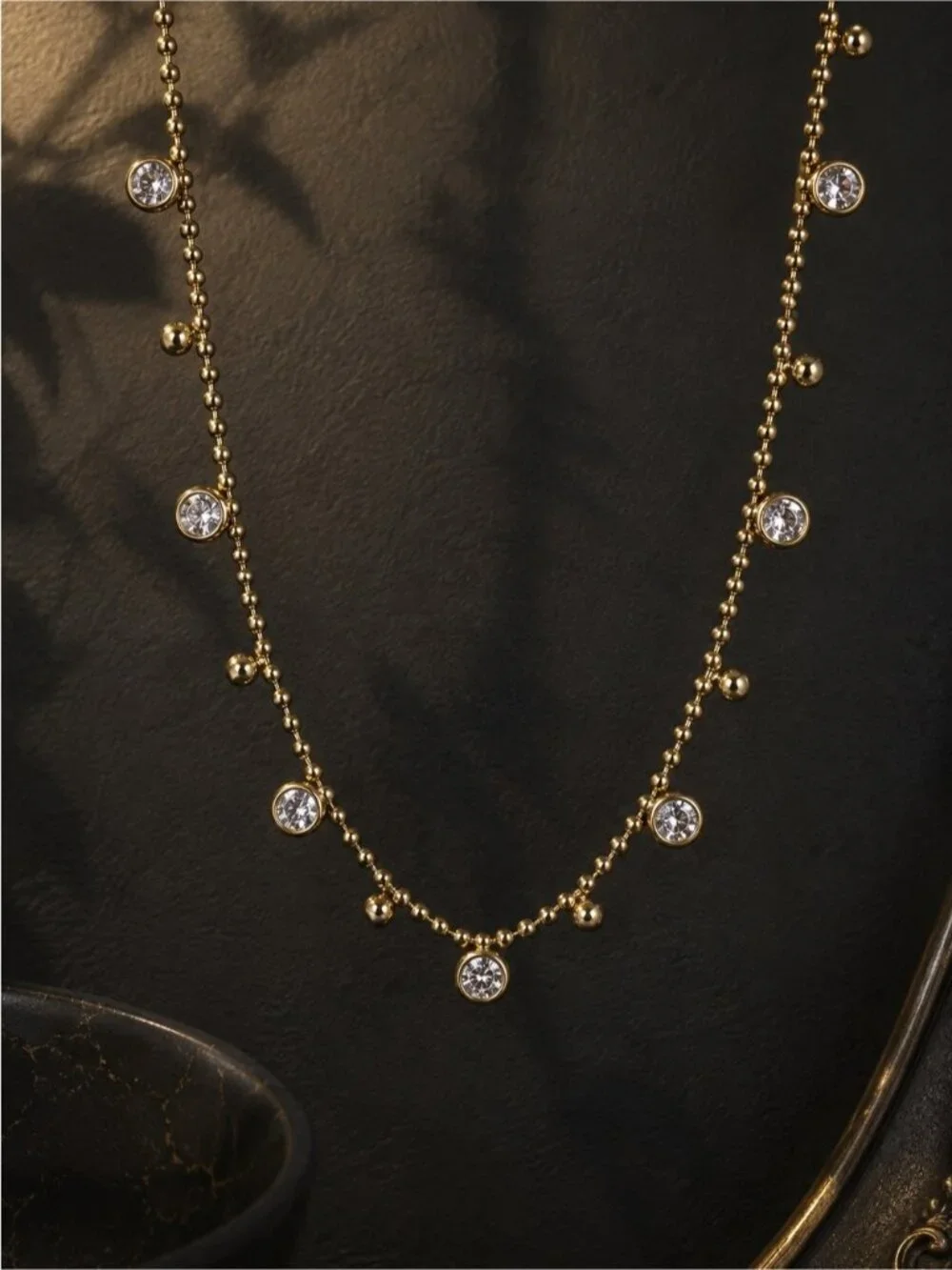 Gold plated Beaded Necklace with Clear Crystal Stations